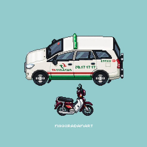 Pixel Art Vinasun Taxi and Honda Dream Motorcycle by nikkiradanart